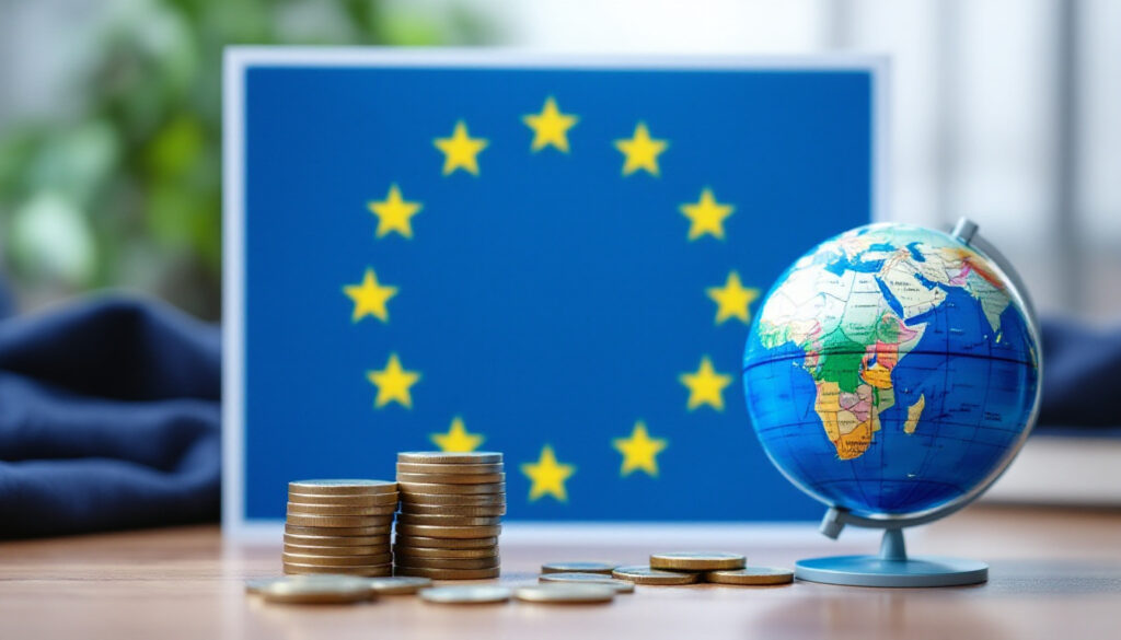 Symbolbild zur Wirtschaftsunion in Europa mit EU-Flagge, Euro-Münzen und Globus